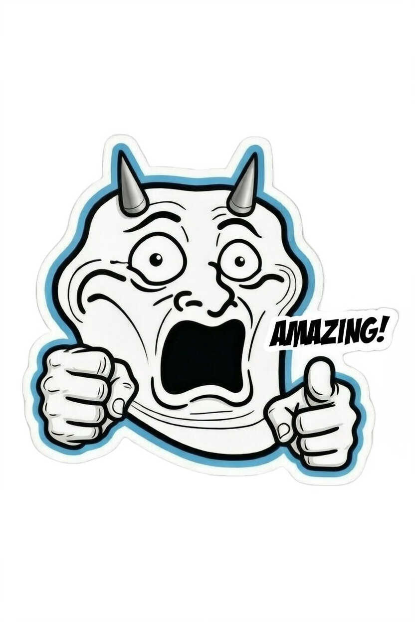 Shocked troll face shouting AMAZING with clenched fists — surprised meme PNG