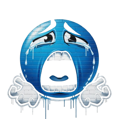 Graffiti of blue cartoon face with teary eyes painted on brick wall representing urban emotional art