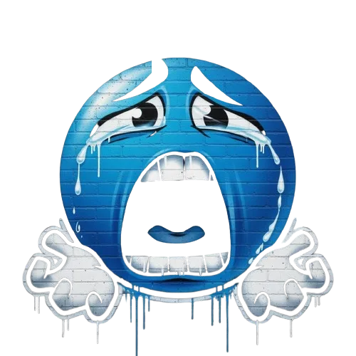 Blue crying cartoon face painted as graffiti on a brick wall
