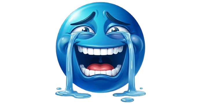 Exaggerated blue emoji face with wide mouth large teeth and streams of tears representing crying laugh reaction