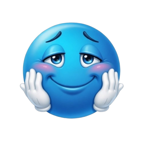 Blue dreamy shy emoji with closed eyes pink blush and face resting in hands representing affectionate sadness