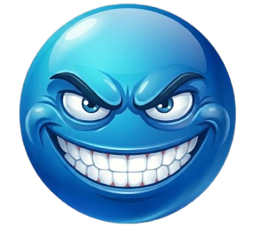 Blue emoji with raised brows half closed eyes and crooked grin — sly creepy meme PNG