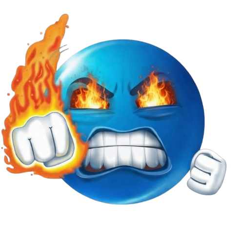 Blue emoji with clenched teeth and flaming fist — aggressive punch meme PNG