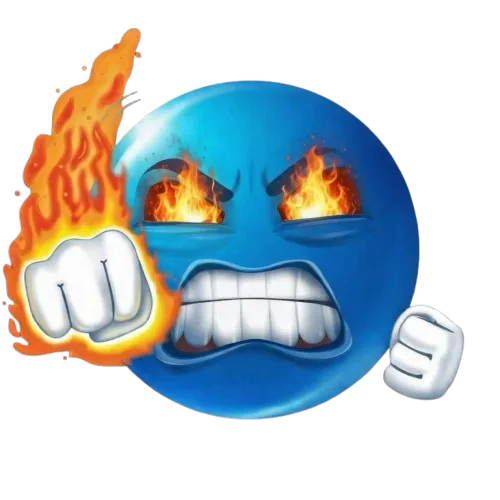 Blue emoji with clenched teeth and flaming fist — aggressive punch meme PNG