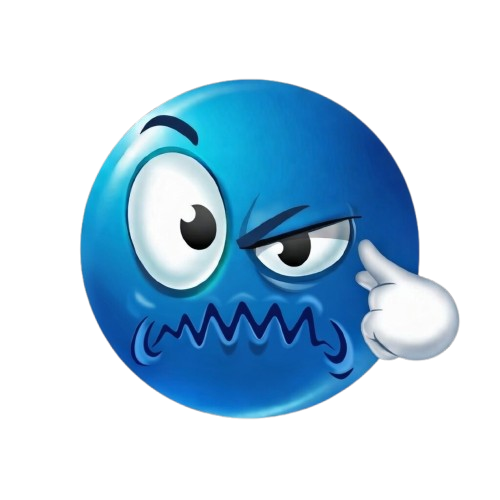 Blue emoji with furrowed brow squiggly mouth and hand pointing to head showing confused frustration