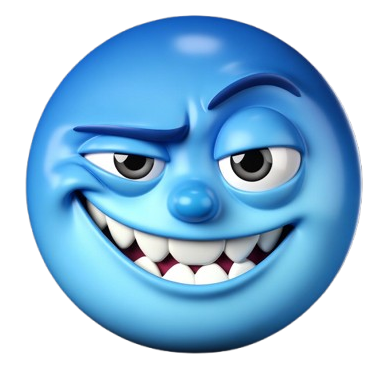 Blue trolling emoji winking with sly grin on black background — 3D rendered meme PNG