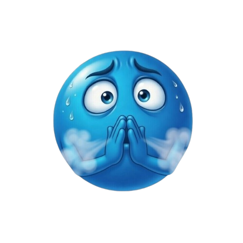 Blue worried emoji with sweat on forehead and clasped hands exhaling steam representing anxiety and stress