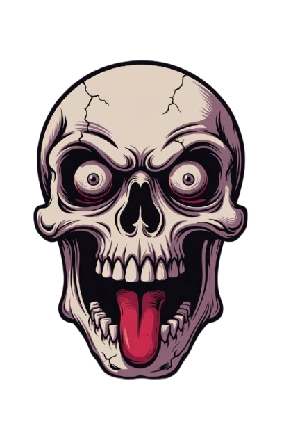 Stylized cartoon skull with bulging red eyes open mouth and bright red tongue — vivid horror art meme PNG