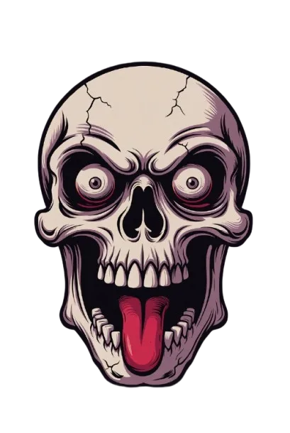 Stylized cartoon skull with bulging red eyes open mouth and bright red tongue — vivid horror art meme PNG