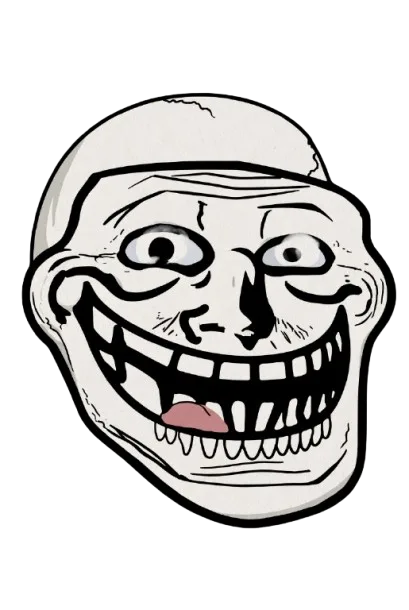 Classic trollface meme on dark background showing the exaggerated mischievous grin that became an internet icon