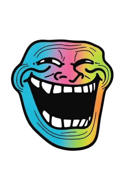 Colorful gradient troll face with blue pink yellow green hues — meme PNG