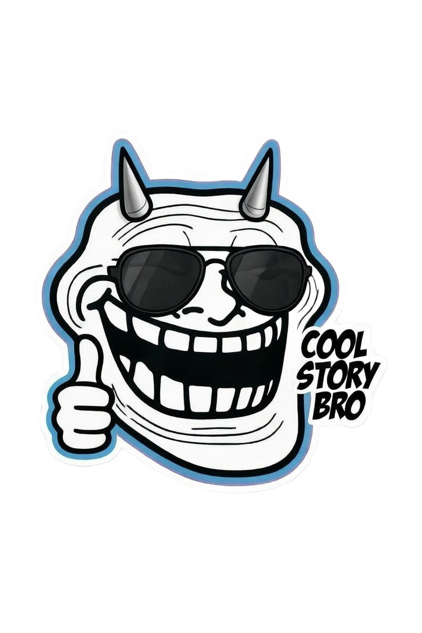 Cool Story Bro trollface with sunglasses — sarcastic reaction meme PNG