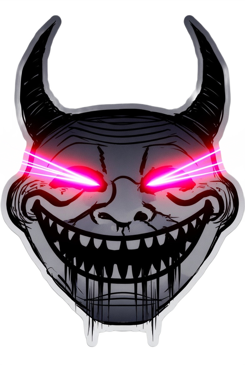 Demon skull troll face with glowing red laser eyes and sharp teeth — creepy horror meme PNG