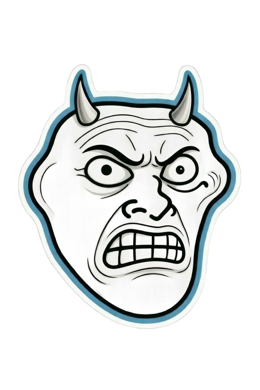 Devil troll face with horns bulging eyes and clenched teeth — angry meme PNG