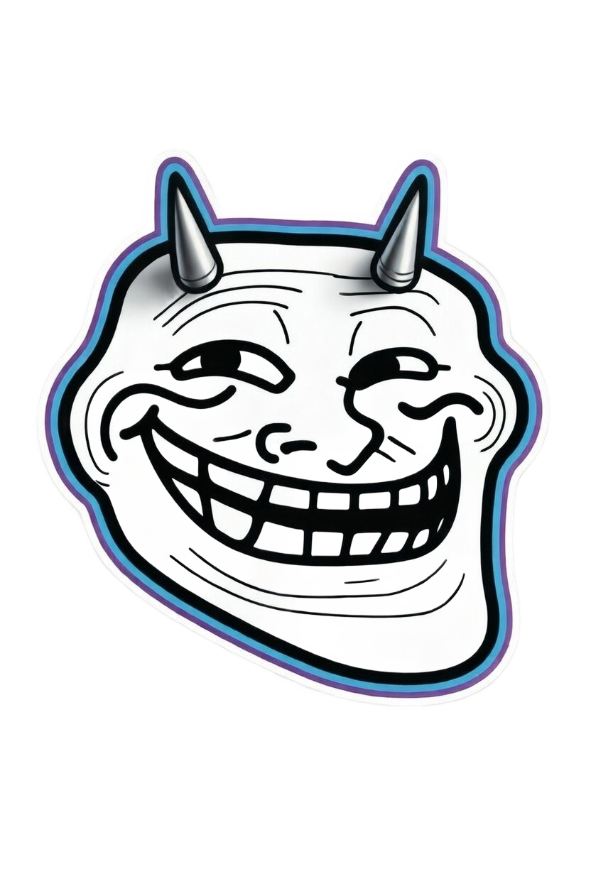 Devil troll face with horns and multicolored border — mischievous horror meme PNG