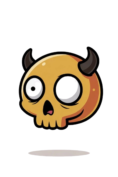 Orange yellow skull with devilish black horns wide shocked eyes hovering shadow — playful horror humor meme PNG
