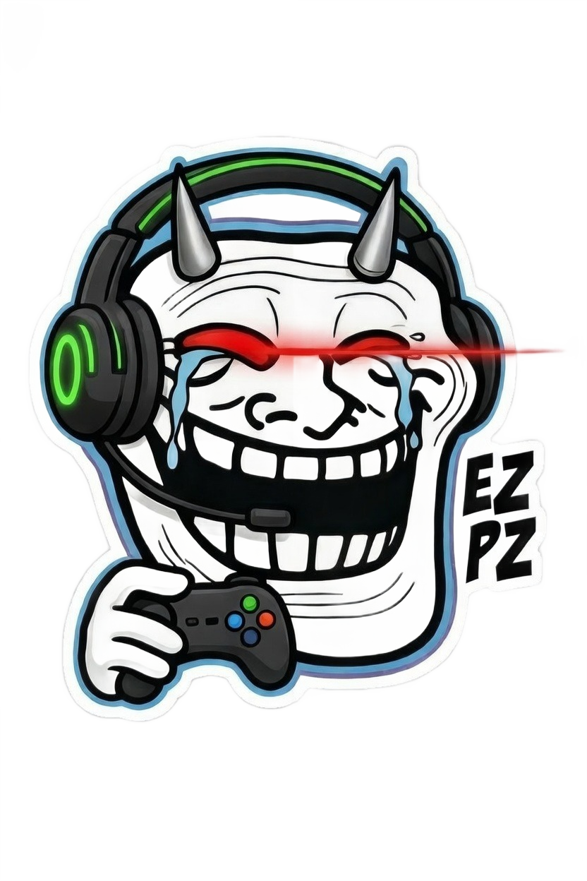 EZ PZ gamer troll face with headset and controller — gaming meme PNG