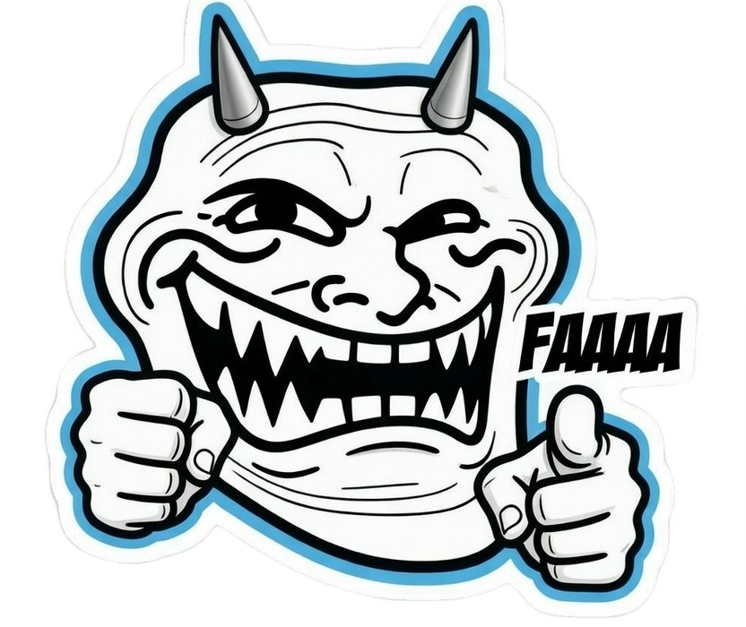 FAAAA devil troll face with horns sharp teeth and clenched fists — angry meme PNG