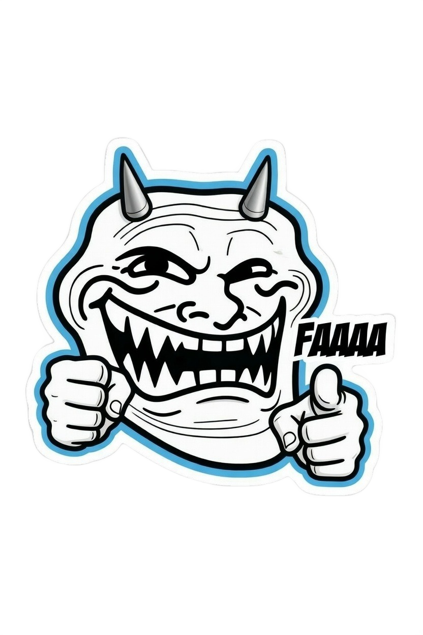 FAAAA devil troll face with horns sharp teeth and clenched fists shouting — angry horror meme PNG