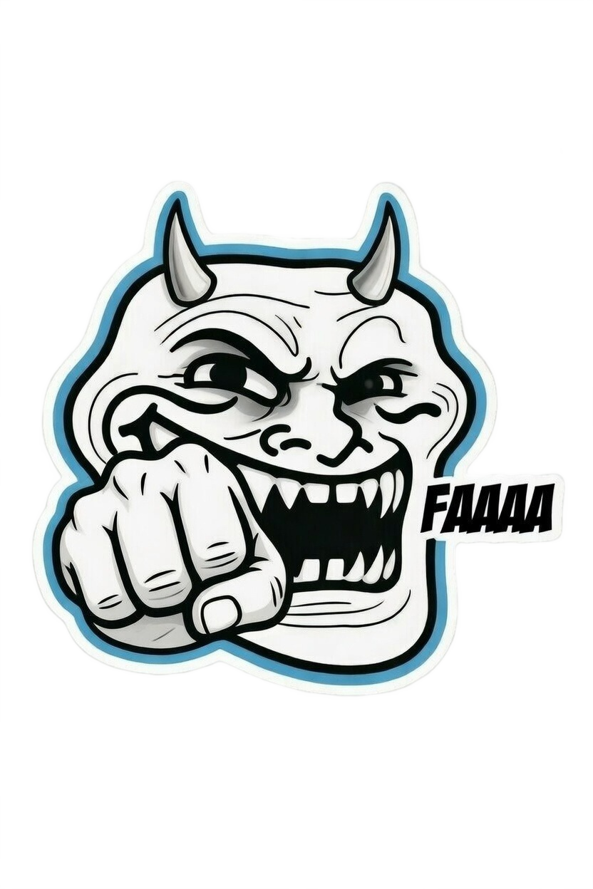 FAAAA angry troll face with horns clenched teeth and fist pointing forward shouting in rage