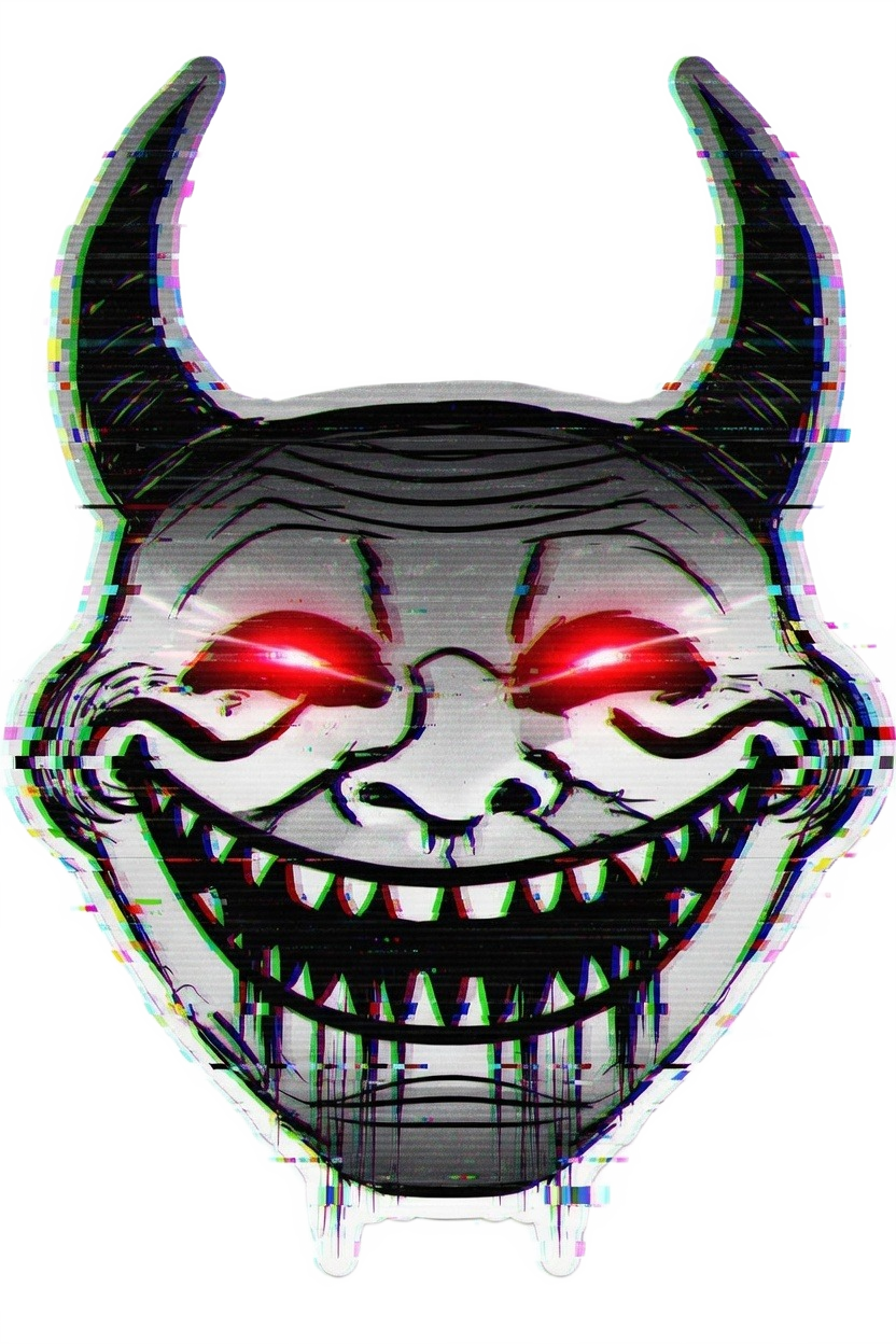 Glitch skull troll face with glowing red eyes sharp teeth and black horns — cyber horror meme PNG