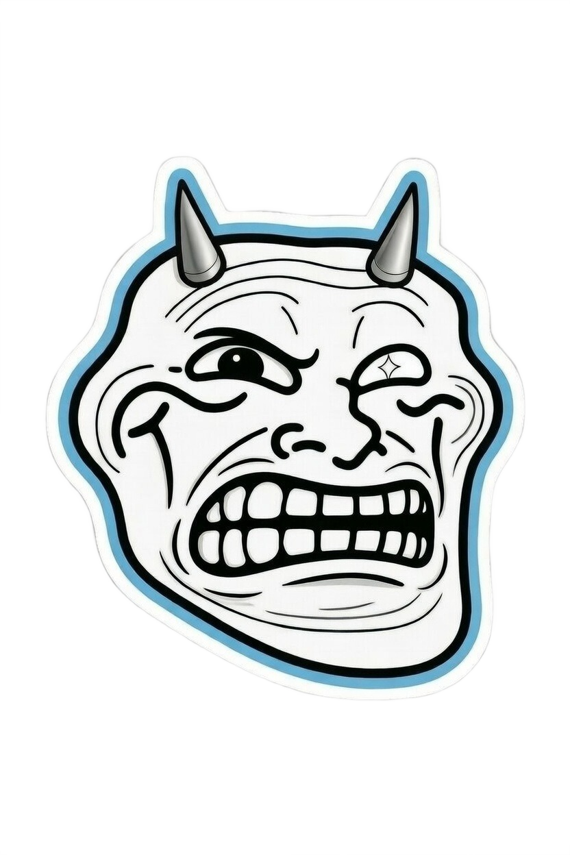 Devil troll face with gray horns furrowed brow and clenched teeth — frustrated horror meme PNG
