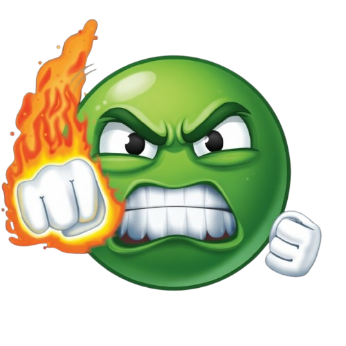 Green angry emoji with furrowed brows clenched teeth and raised fiery fists expressing pure rage