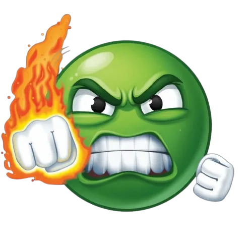 Green angry emoji with furrowed brows clenched teeth and raised fiery fists expressing pure rage