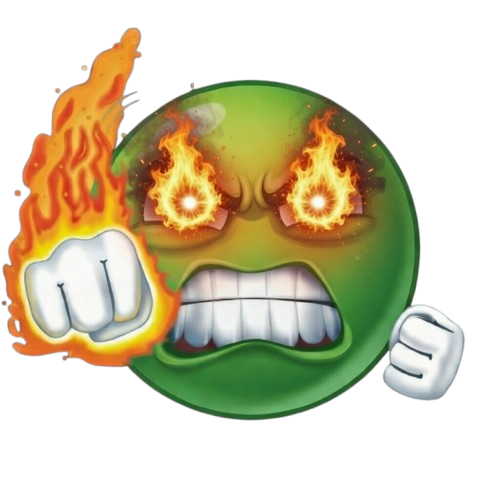 Green emoji with clenched teeth flaming fist and furious expression representing rage meme