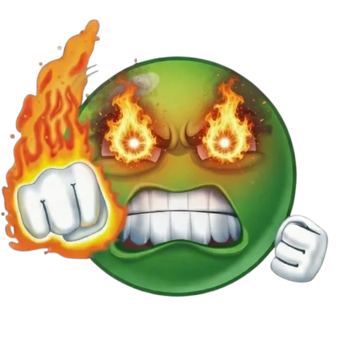 Green emoji with clenched teeth flaming fist and furious expression representing rage meme