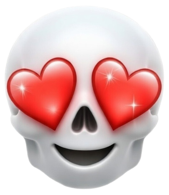 Skull with sparkling red heart eyes and smile — love reaction PNG
