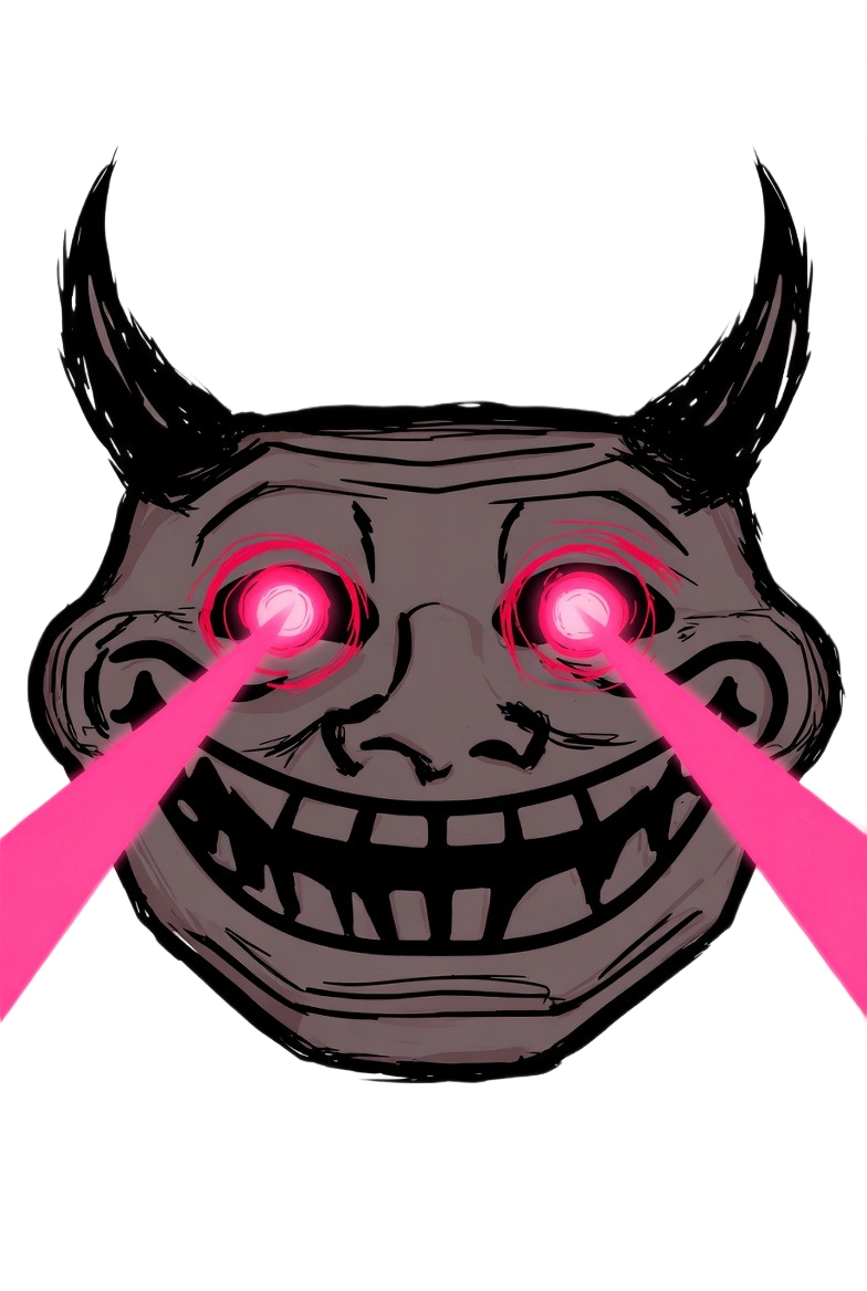 Cartoon skull troll face with horns and glowing pink laser eyes — intense horror meme PNG