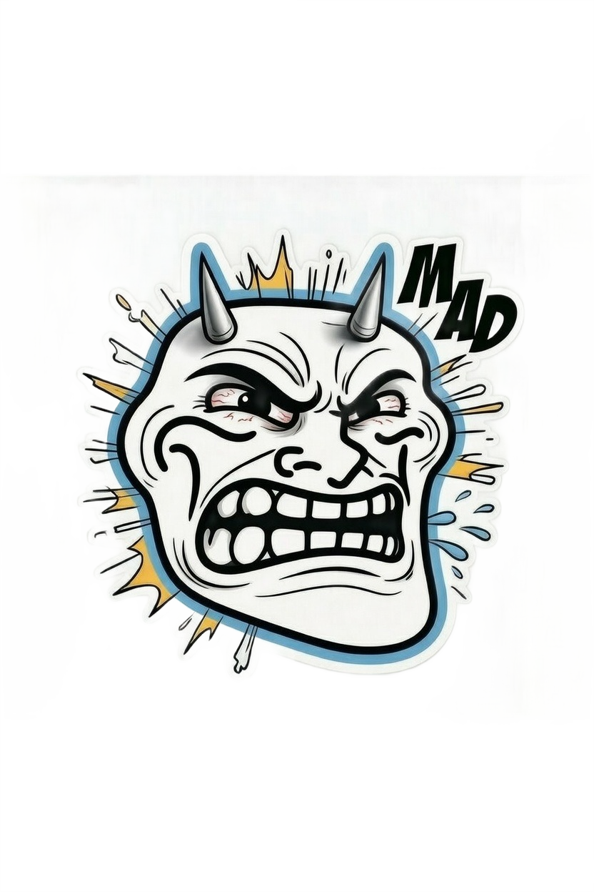 Mad troll face with horns red eyes clenched teeth and MAD text — furious meme PNG