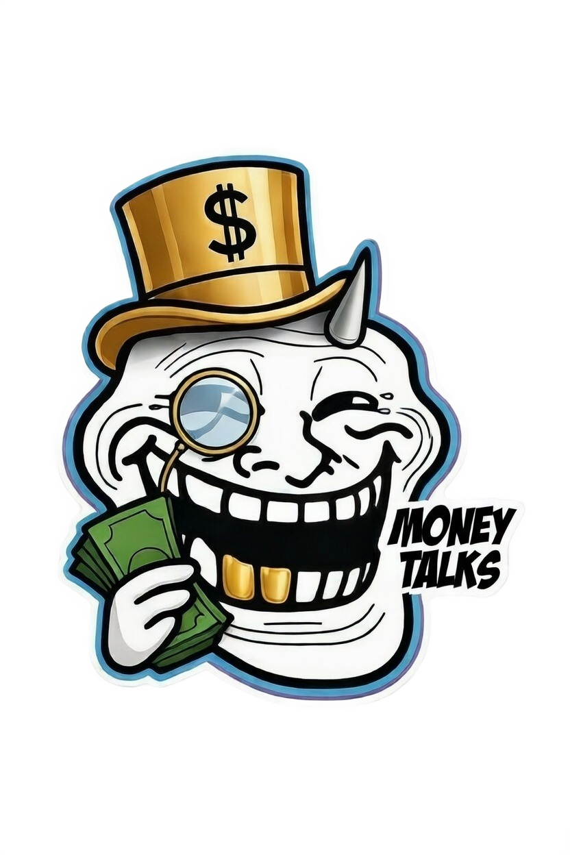 Rich troll face with golden top hat monocle and dollar bills — wealth meme PNG