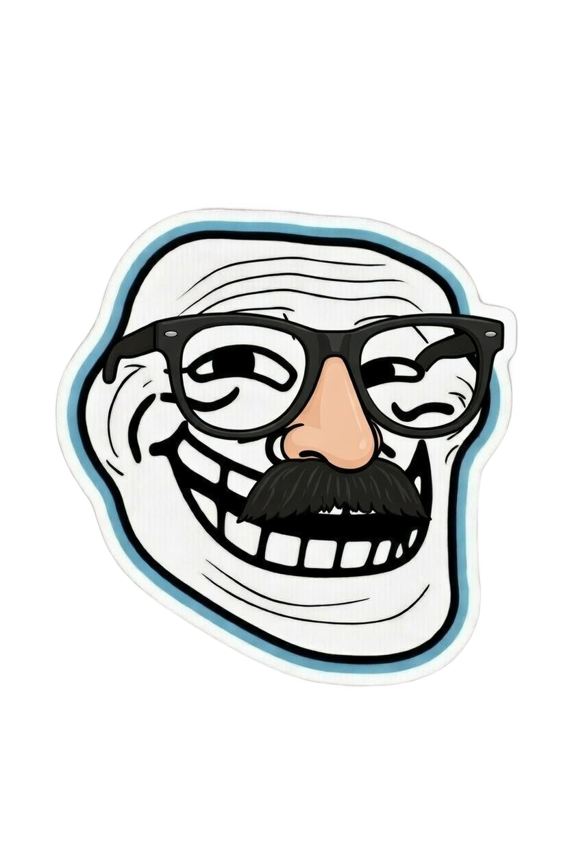 Classic Trollface with black mustache and glasses a funny sarcastic variation of the rage meme