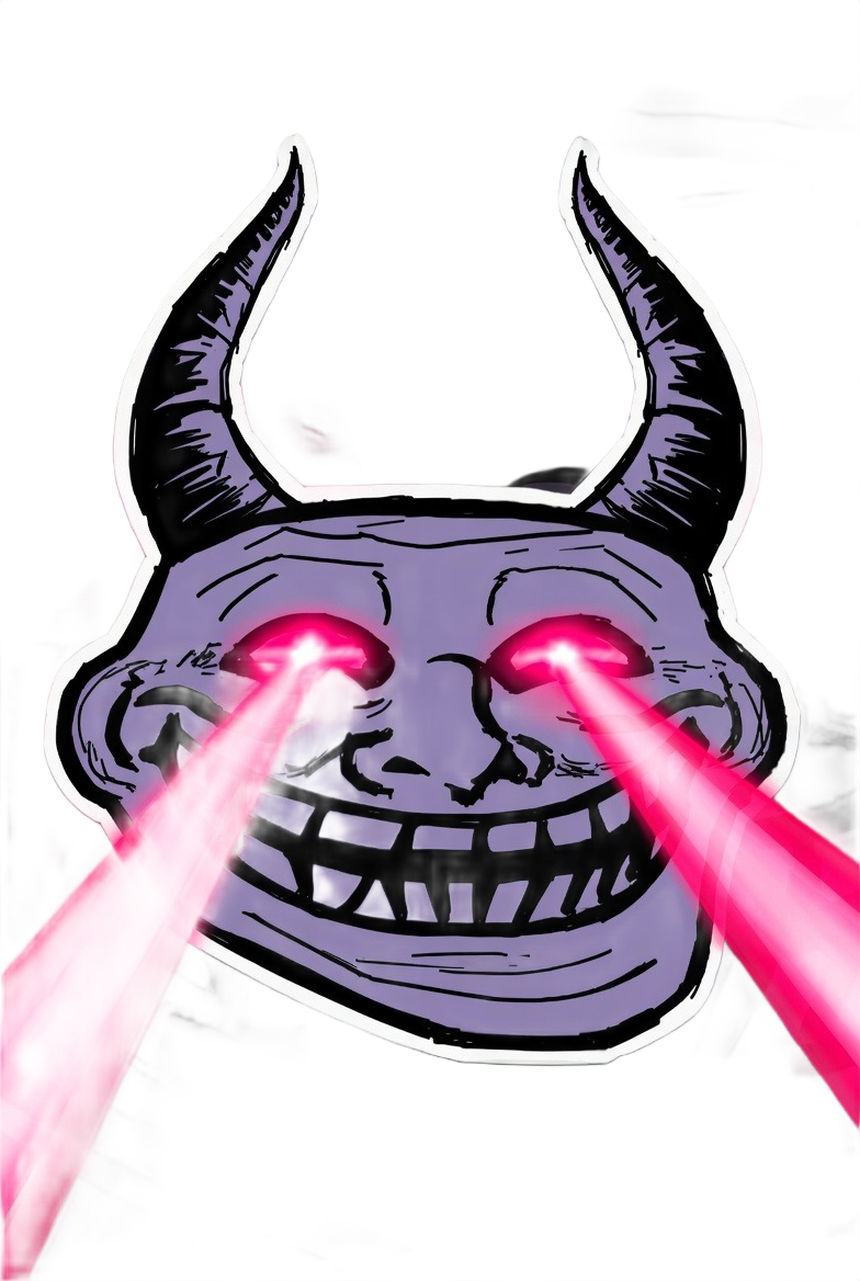 Purple demonic troll face with black horns and glowing pink laser eyes — bold horror meme PNG