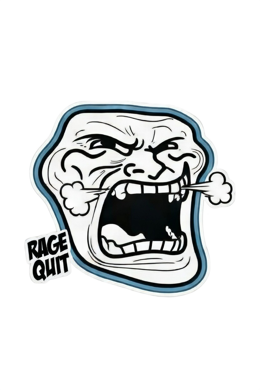 Rage quit troll face with steam and RAGE QUIT text — gaming frustration meme PNG