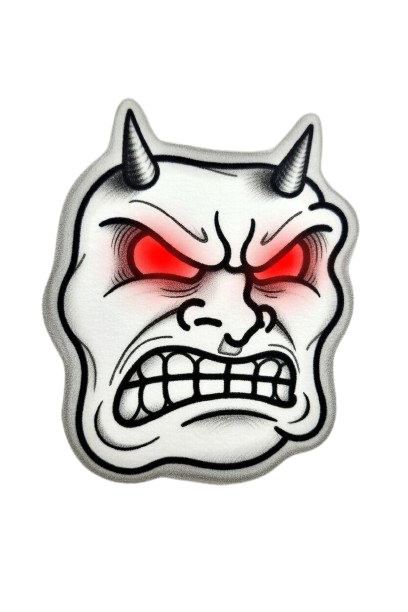Red eyes devil troll face with horns and clenched teeth — angry meme PNG