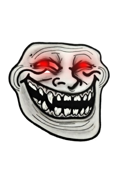 Troll face with glowing red eyes and wide grin — scary evil meme PNG for horror reactions