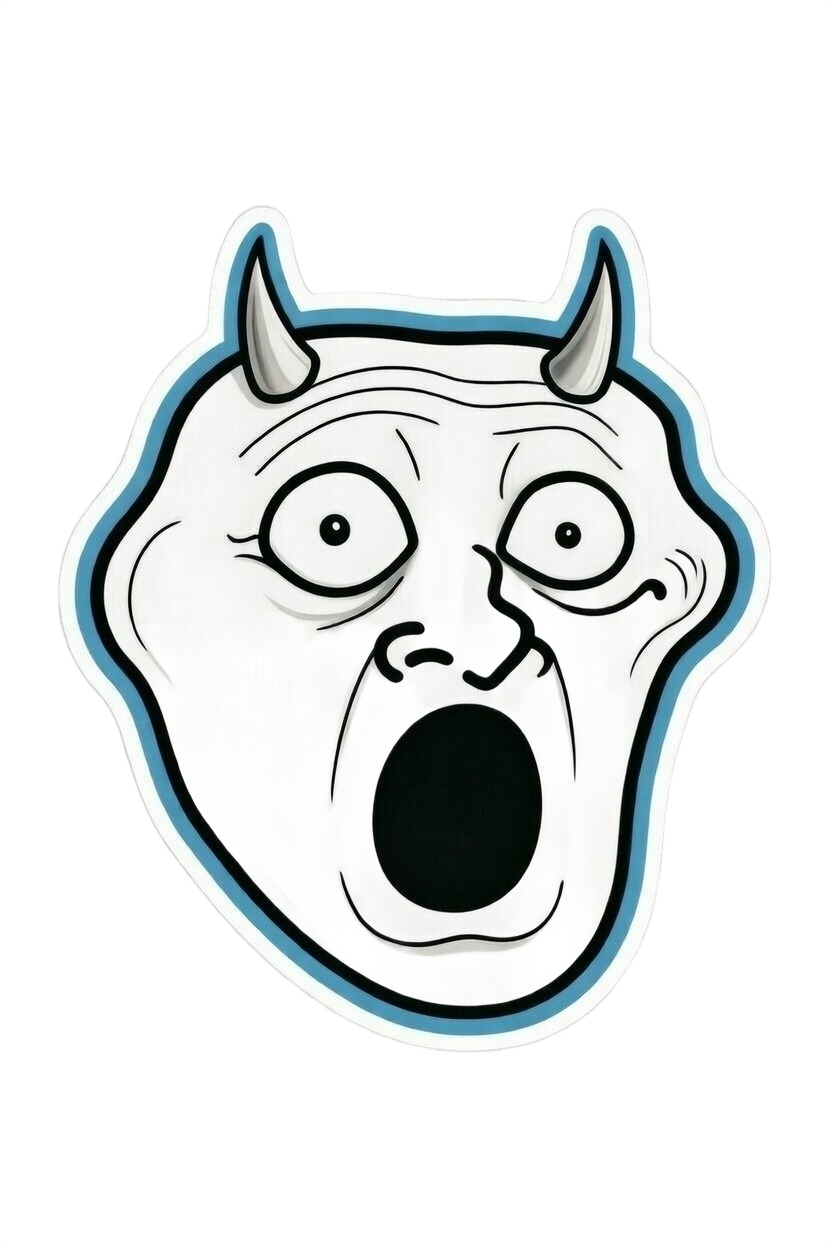 Shocked troll face with horns wide eyes and open mouth — surprised meme PNG