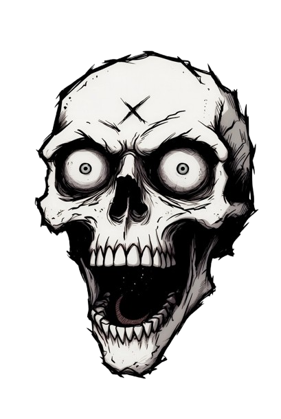 Stylized skull with bulging eyes screaming mouth jagged shading and X mark on forehead — intense horror art meme PNG