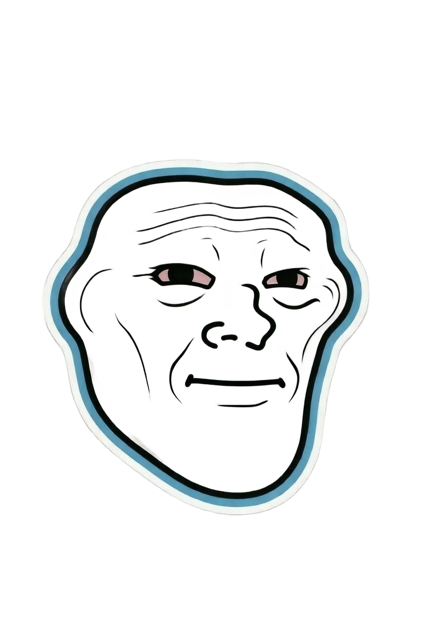 Wojak troll face with wrinkled forehead and droopy eyes stopping to laugh — ironic meme PNG