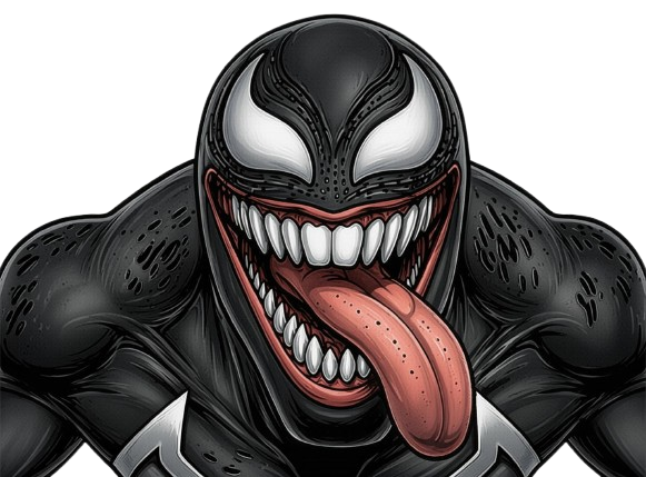 Venom cartoon meme with sharp teeth and long tongue — comic reaction emoji PNG