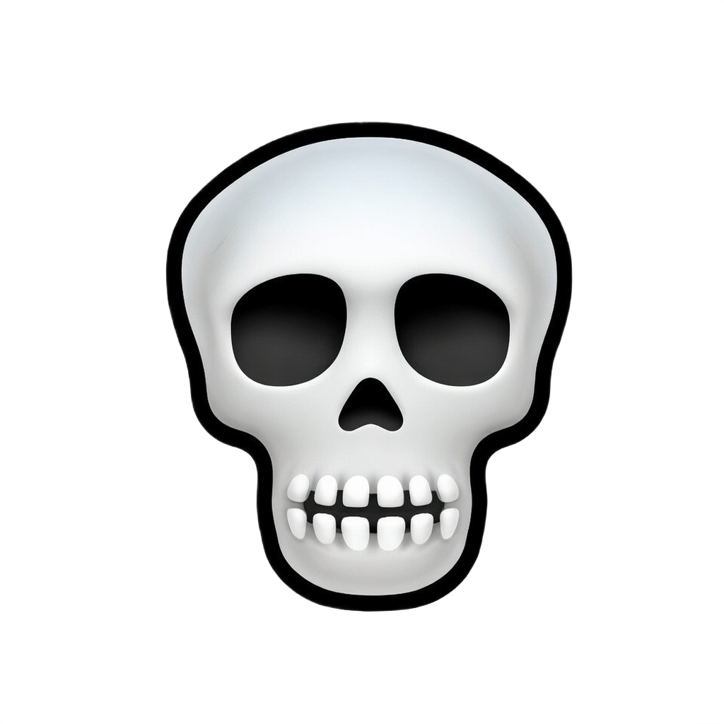 White skull emoji with hollow black eyes on dark background — spooky meme PNG
